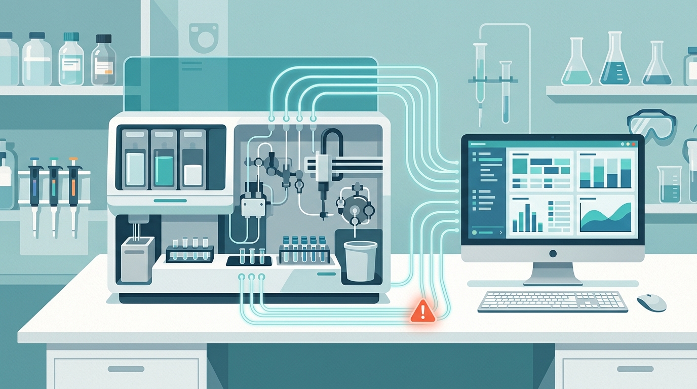 Ilustración de un analizador de laboratorio conectado a un sistema LIMS con una alerta en la conexión