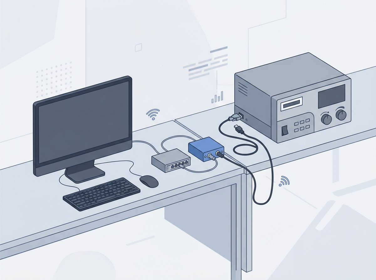 Ilustración de la conectividad física entre un analizador, un convertidor y la computadora puente